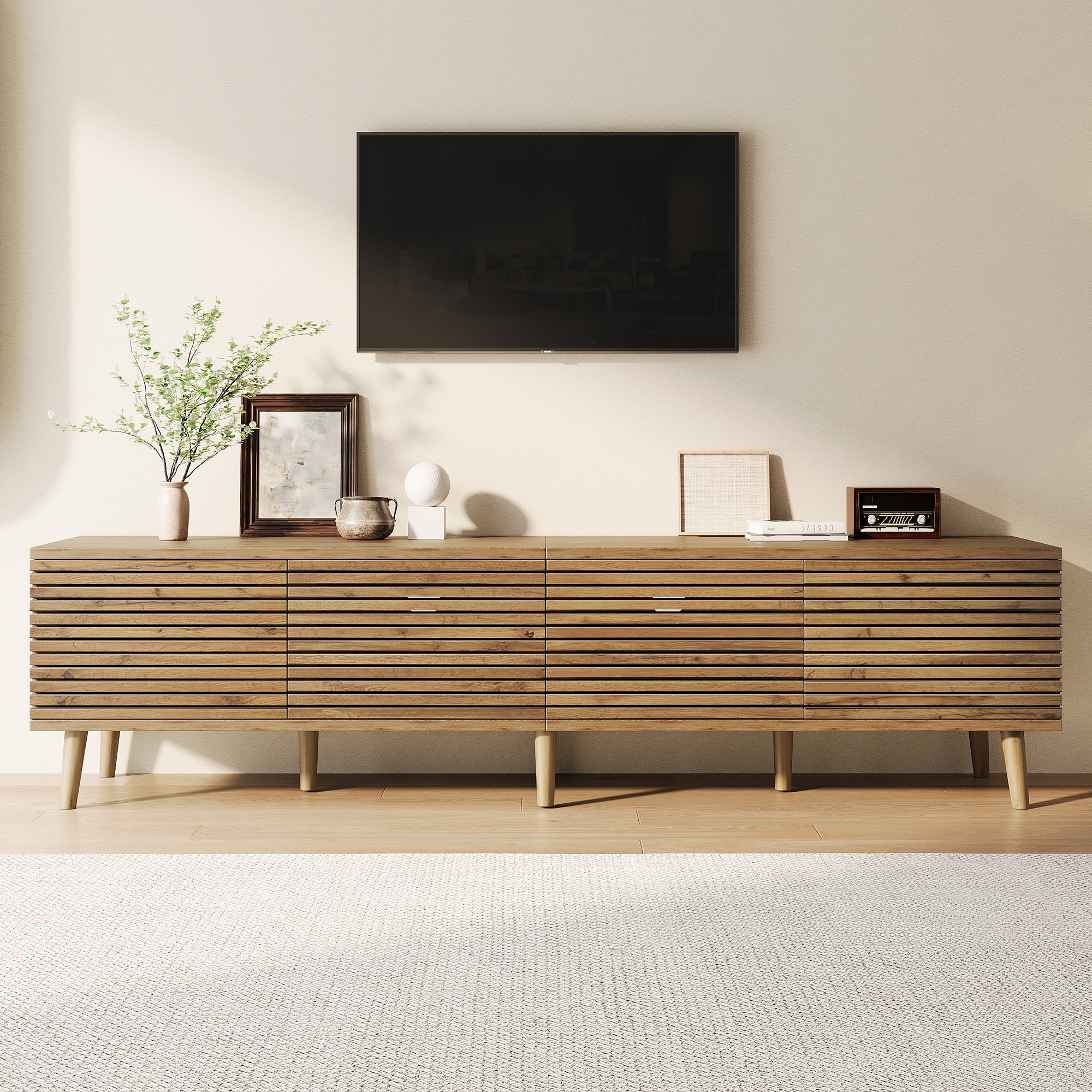 Stojak pod TV 180x40x46 cm - 4 drzwi - Ażurowa konstrukcja - Pasuje do telewizorów do 75 cali - MDF - Naturalny