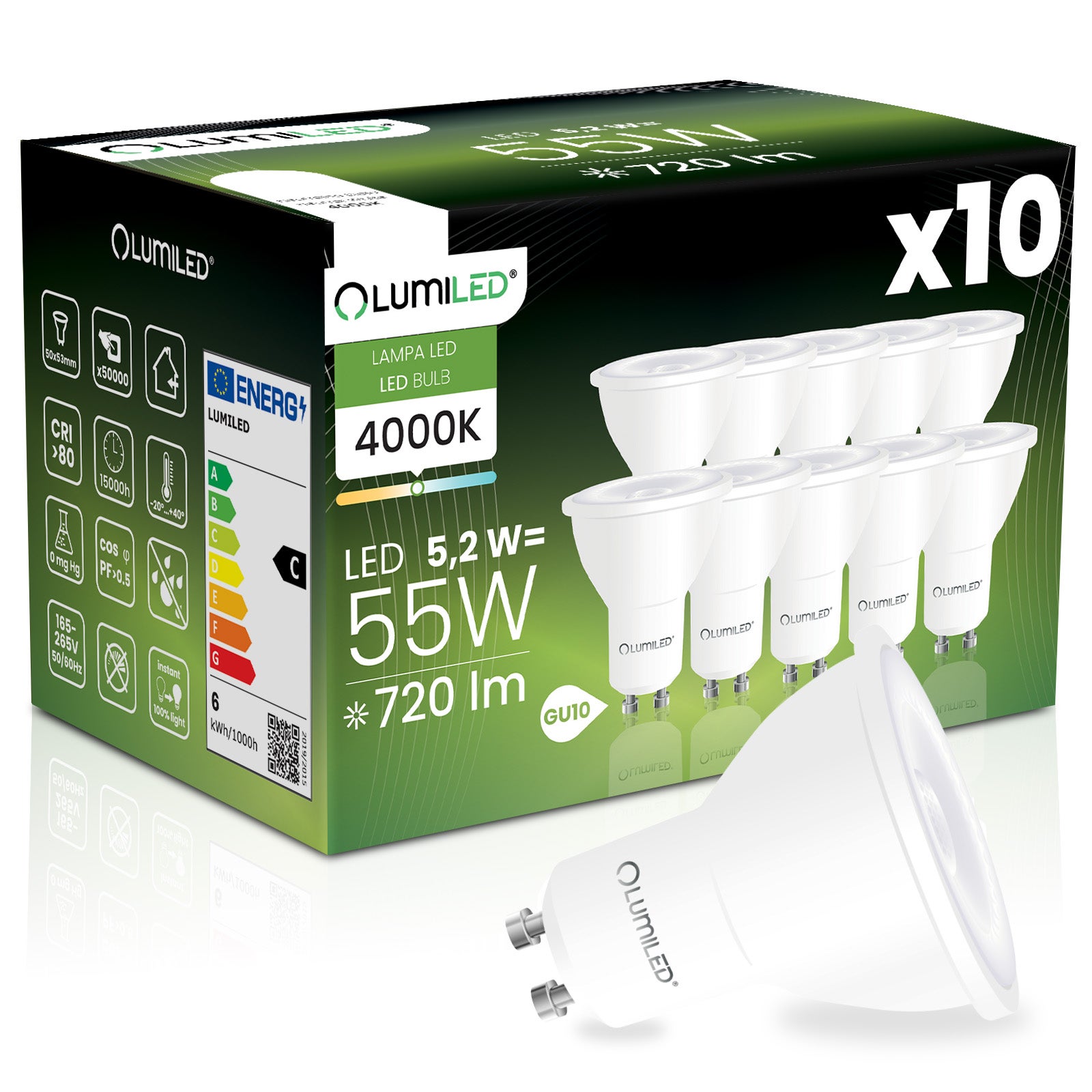 Żarówka LED Lumiled GU10 Reflektor PAR16 5.2W 720lm 4000K Neutralna biel 38st 10 szt.