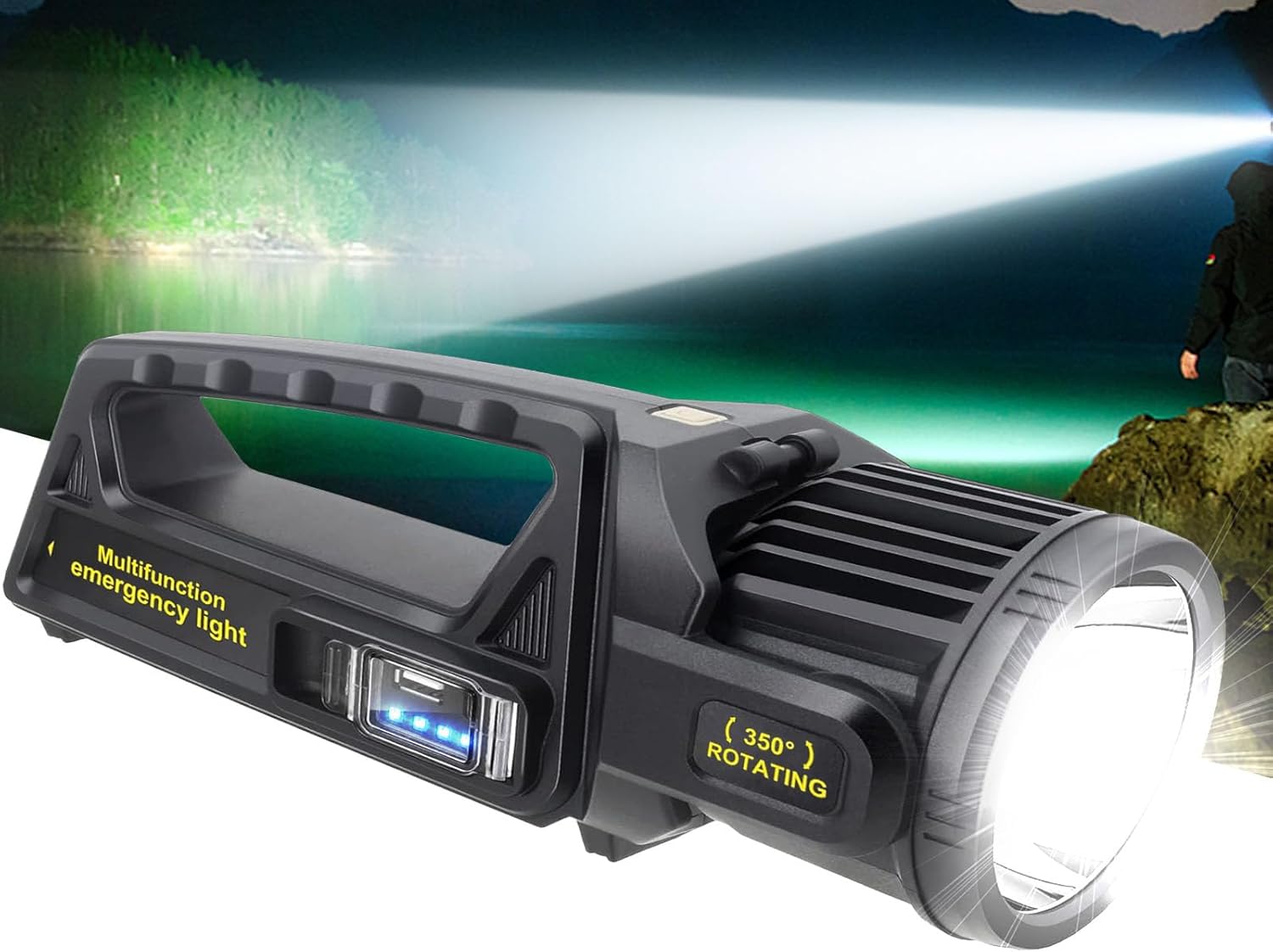 Akumulatorowy reflektor LED o mocy 1 000 000 lumenów z obrotową głowicą 350°, 9 trybów, ultra jasny – Wodoodporna solarna latarka awaryjna IPX6