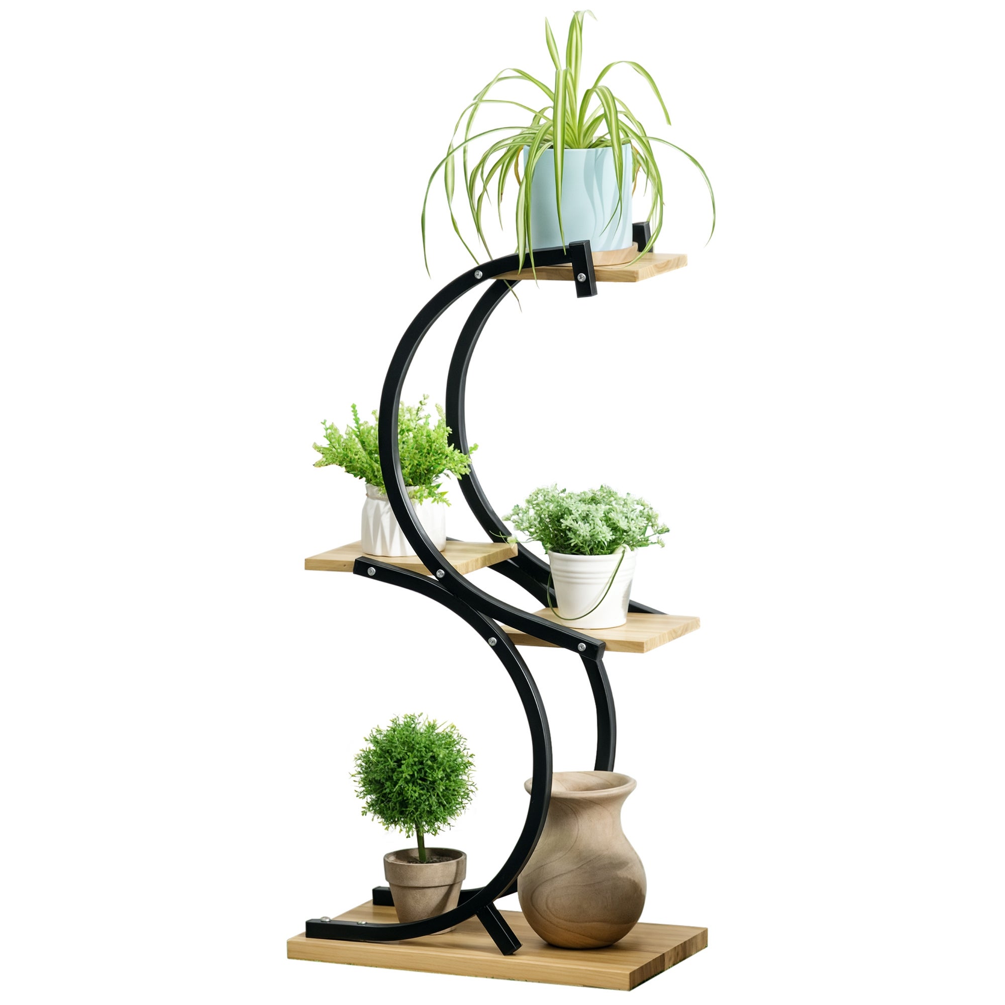 Stojak na rośliny z 4 półkami, lite drewno, odporny na warunki atmosferyczne, 46 cm x 25 cm x 91 cm, kolor czarny + naturalny