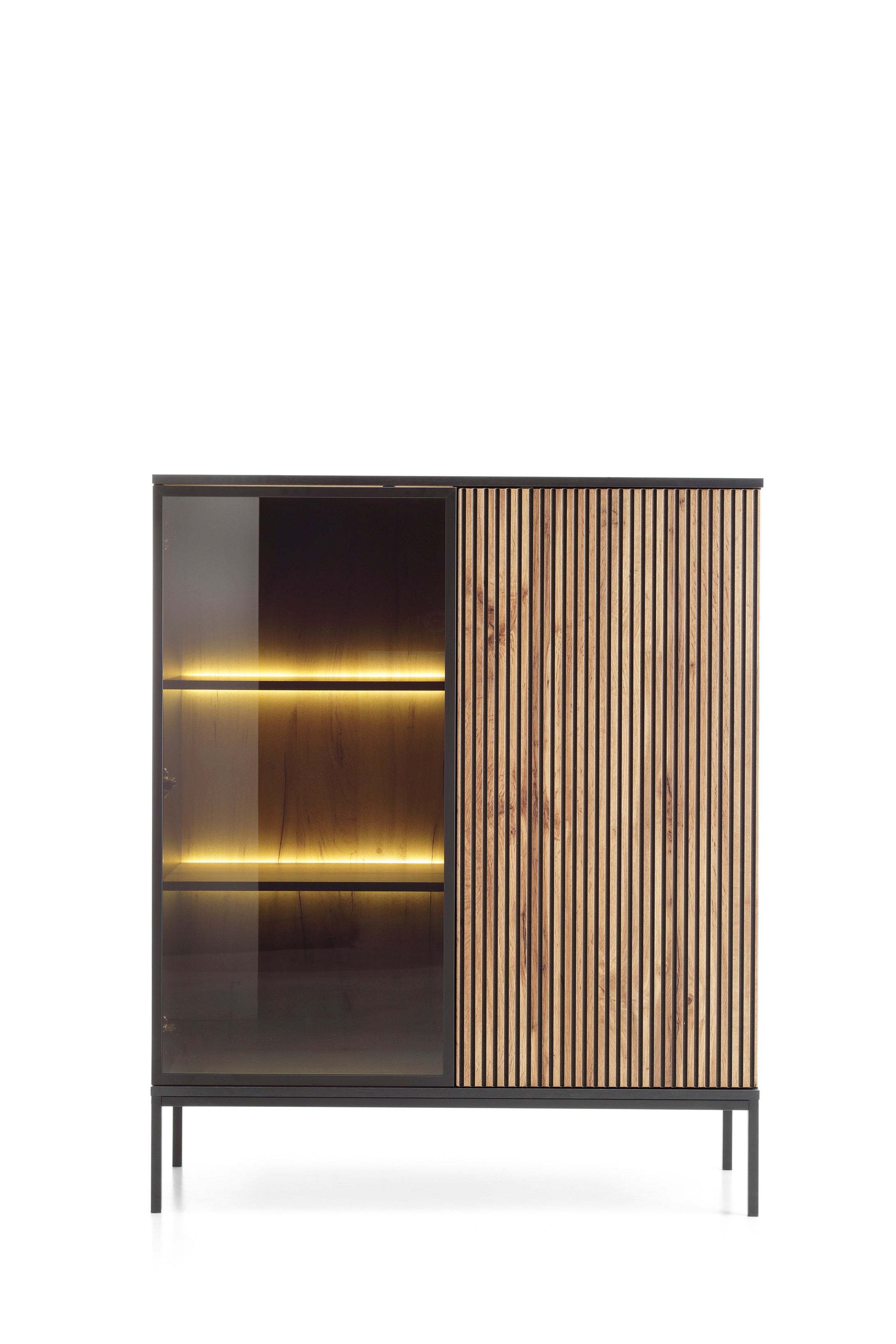Nowoczesna witryna niska z frezowanym frontem 104×126×39 cm, w kolorze Czarny / Dąb Wotan