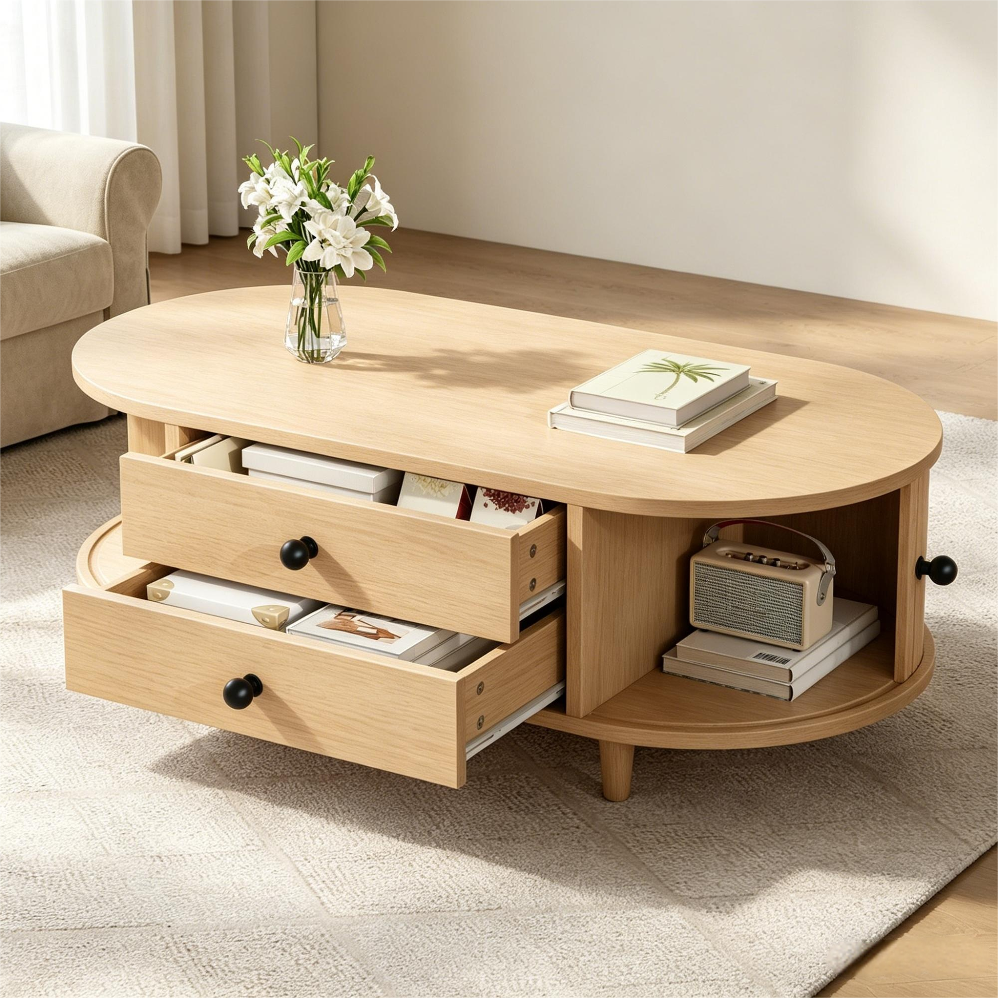 Owalny stolik kawowy 100x50x36 cm - z 2 szufladami i 2 drzwiami przesuwnymi - Nogi z litego drewna - MDF + lite drewno - Naturalny