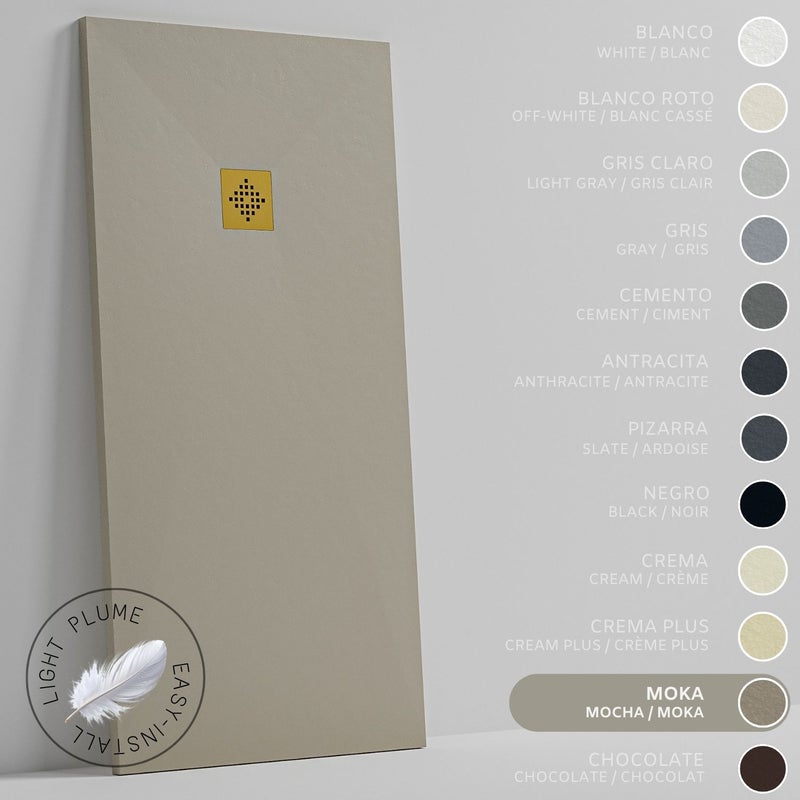 SOULHOME Lekki Brodzik z Żywicy tekstura Łupka Moka – 80X75- cm Ultra-płaski Zawiera Syfon i Kratkę Gold