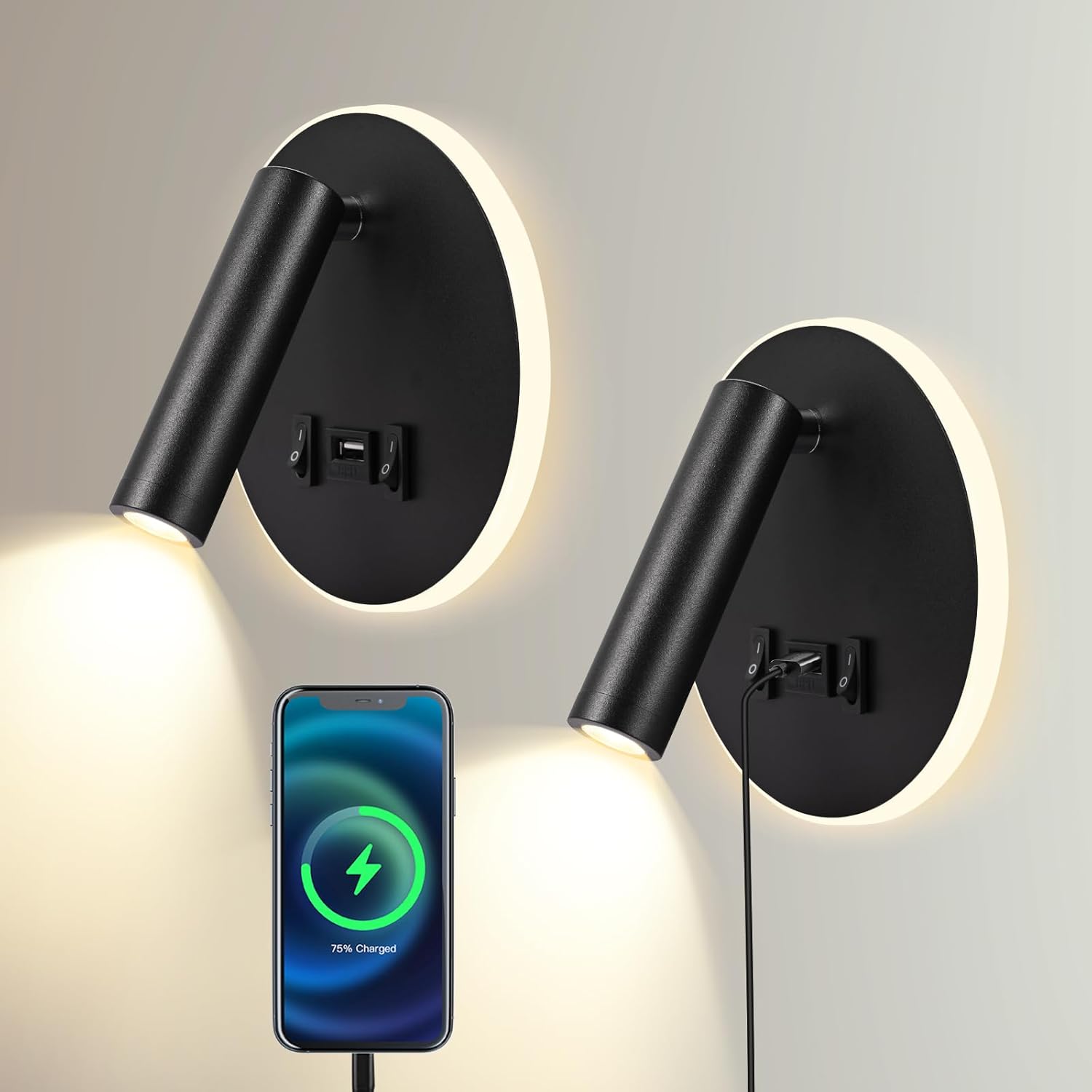 (Czarne kółko) Lampa do czytania LED 3W + 9W 3000K do użytku w pomieszczeniach, kinkiet z portem ładowania USB i przełącznikiem, regulowana lampka noc