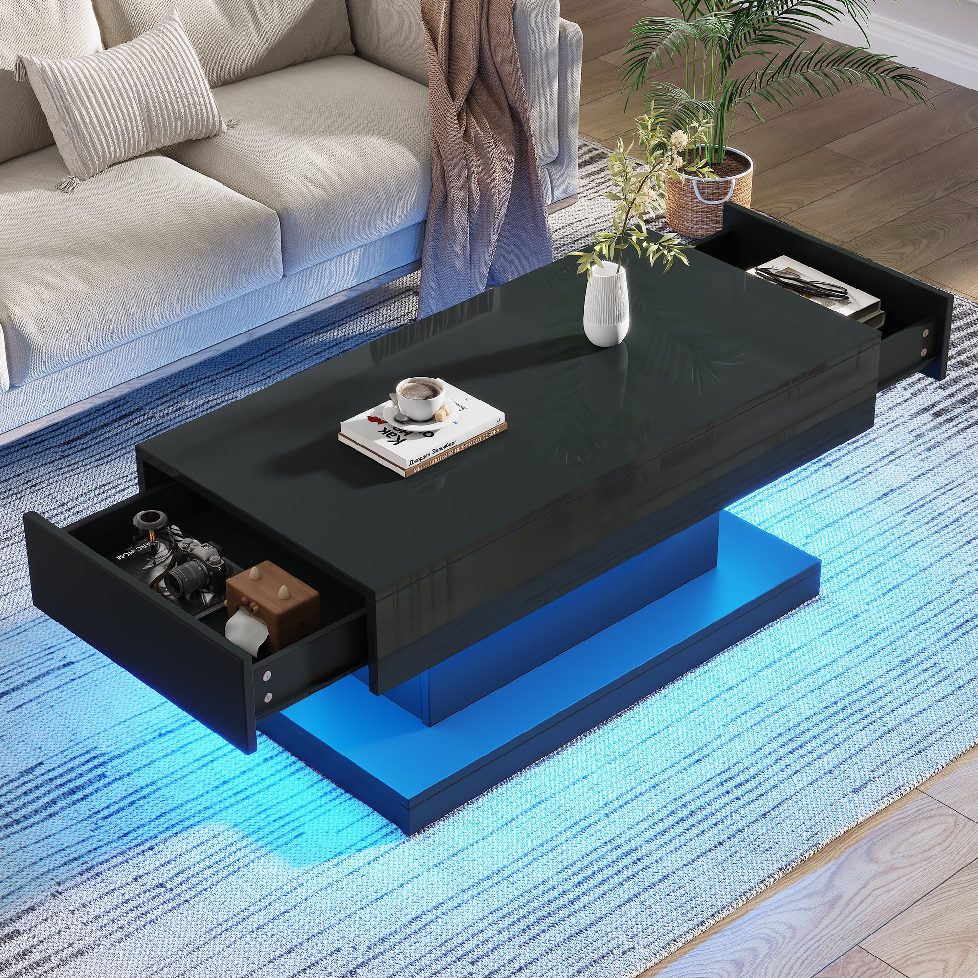 Stolik kawowy z 2 szufladami - 100 x 50 x 45 cm - Płyta wiórowa - Diody LED - Czarny połysk