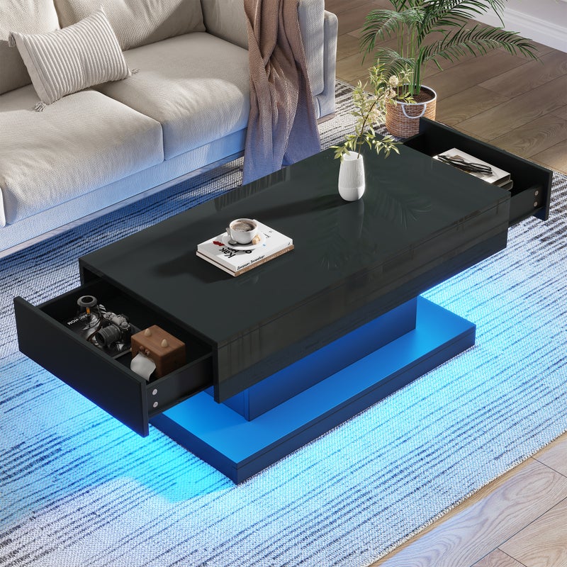 Stolik kawowy z 2 szufladami - 100 x 50 x 45 cm - Płyta wiórowa - Diody LED - Czarny połysk
