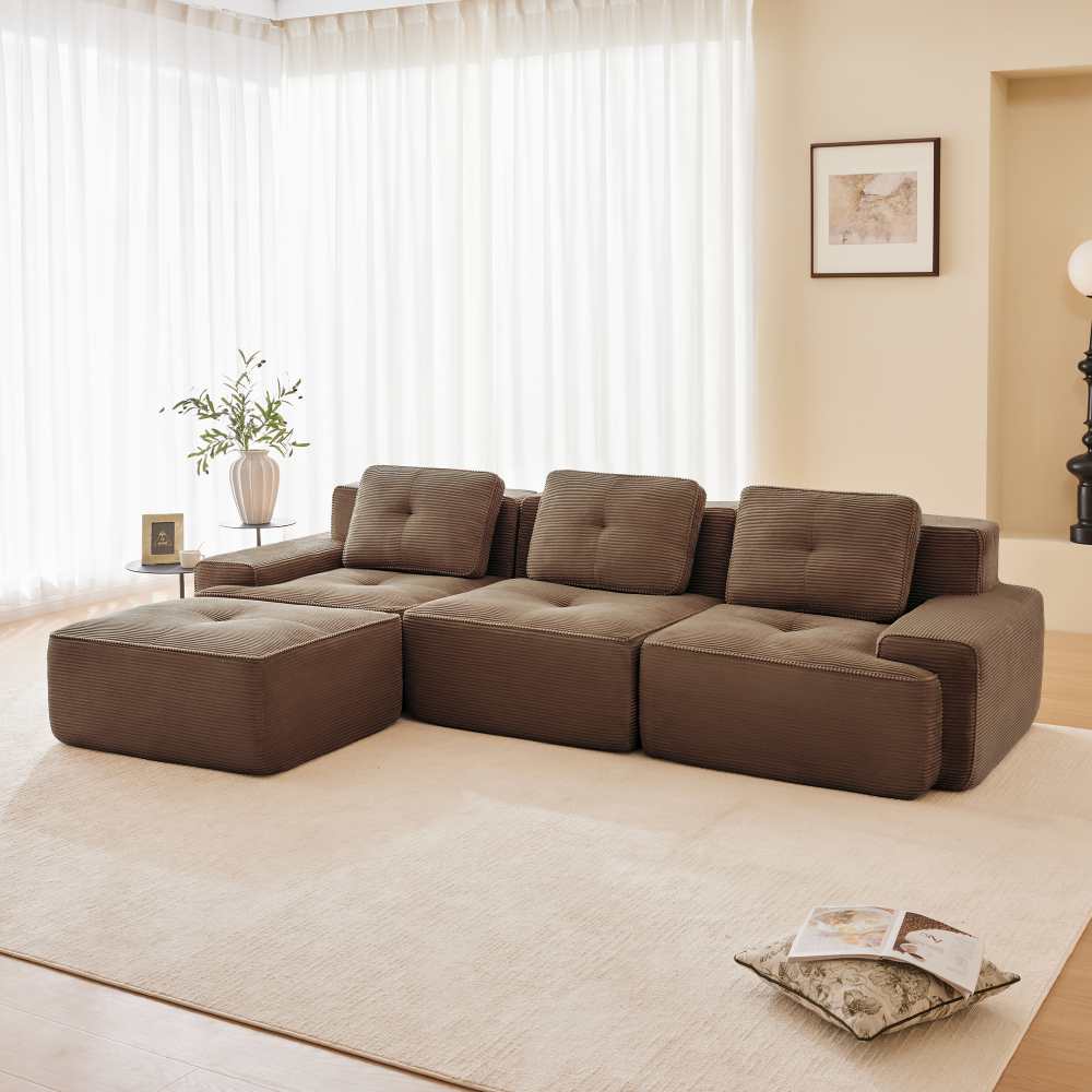 Sofa Cloud Modulsofa w kształcie litery L bez oparcia i pufy – 3-osobowa sofa z kordu, przyjazna dla zwierząt, nie wymaga montażu