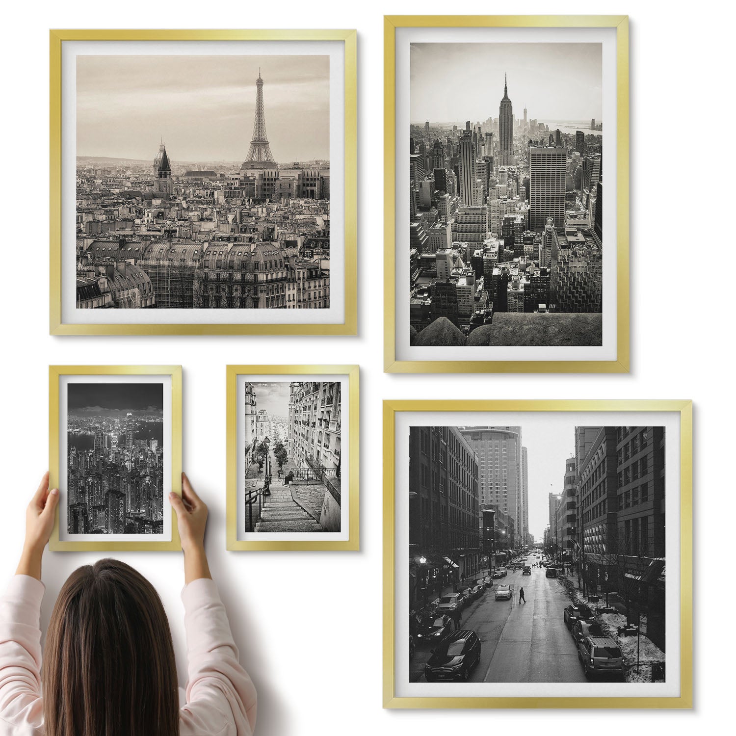 Galeria ścienna 5-częściowy komplet obrazów w złotych ramach - Miejskie panoramy ikonicznych stolic Europy i USA - ArtPrintCave
