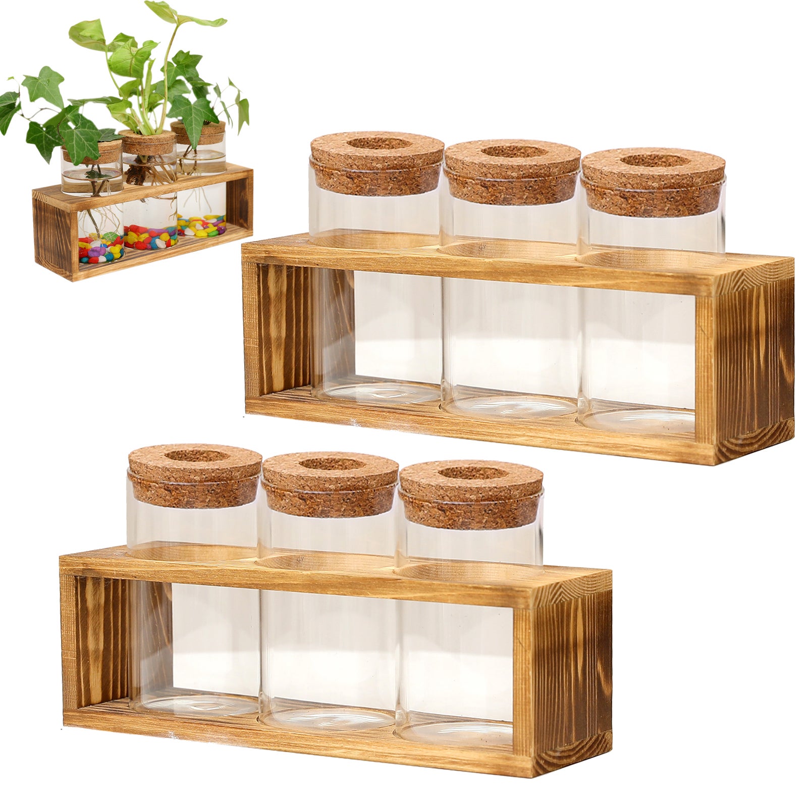 Terrarium dla roślin szklana sadzarka z drewnianym stojakiem Stacja do rozmnażania z pojemnikami na rośliny hydroponiczne opakowanie z
