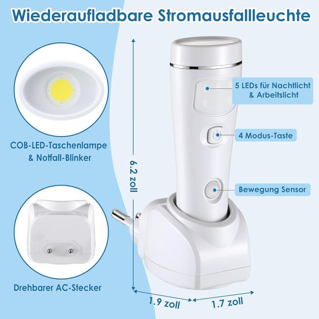 szt. 4 w 1, wyjmowana lampka nocna z czujnikiem ruchu, zasilana sieciowo, latarki awaryjne na wypadek zaniku zasilania