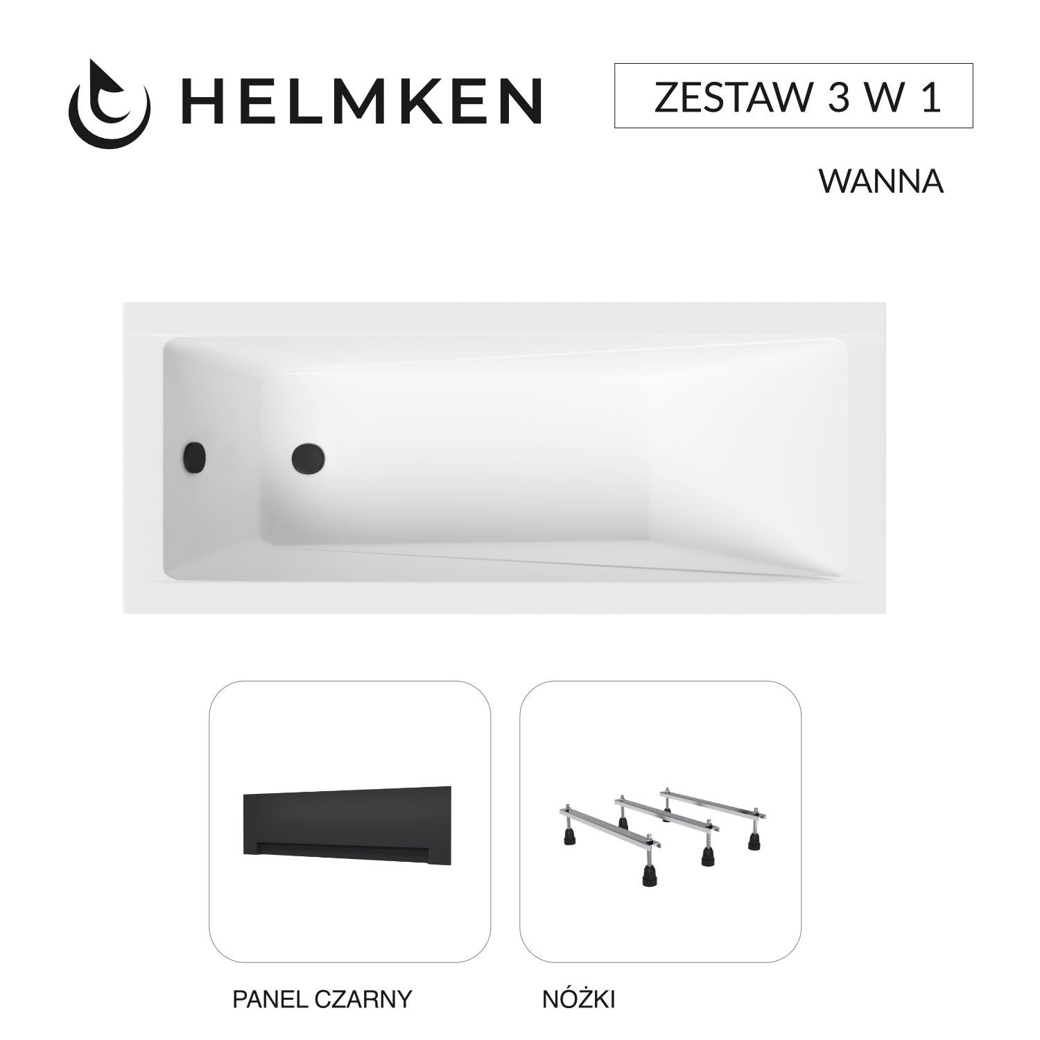 Wanna akrylowa Helmken Rivana 170 х 70 + Panel czarny + Nóżki / 23095006