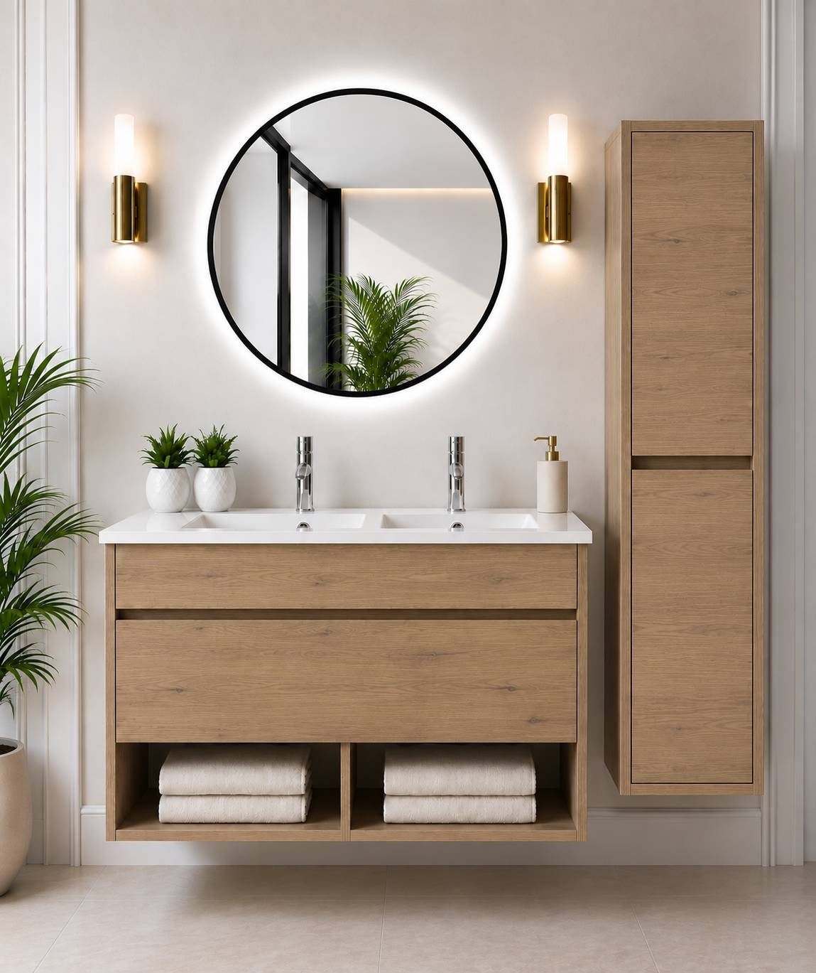Wisząca szafka łazienkowa z umywalką ORIGENBATH NEBARI z szufladą z kolumną 120x45 cm podwójna umywalka estepa z kolumną