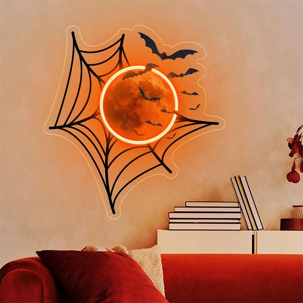 Dekoracja narożna z pajęczyną, księżycem i nietoperzem, neon Halloweenowy, dekoracja kominka, prezent horror 27 x 29 cm