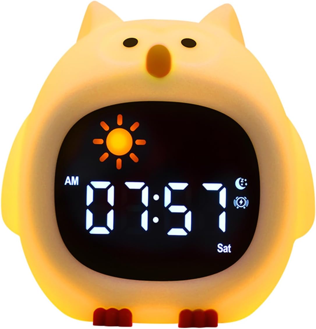 Budzik ze światłem nocnym, lampa silikonowa ładowalna, budzik z białym szumem, lampka biurkowa w kształcie zwierzątka z kreskówki. (Sowa)