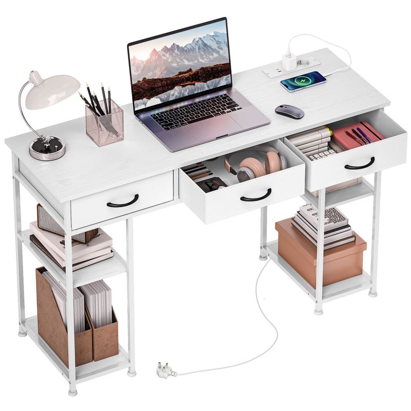 Biurko z szufladami białe 120x40 cm, biurko komputerowe z gniazdkami i portami USB, stół do komputera do sypialni i domowego biura