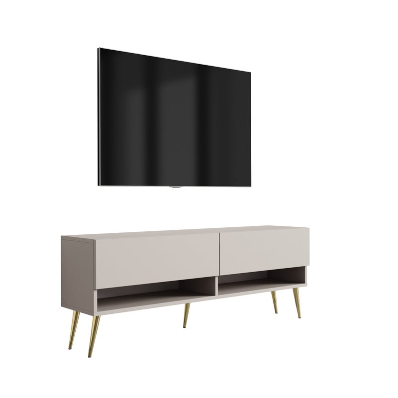 Szafka pod telewizor 140 cm Kaszmir, nóżki pochyłe złote, 140 × 32 × 52 cm