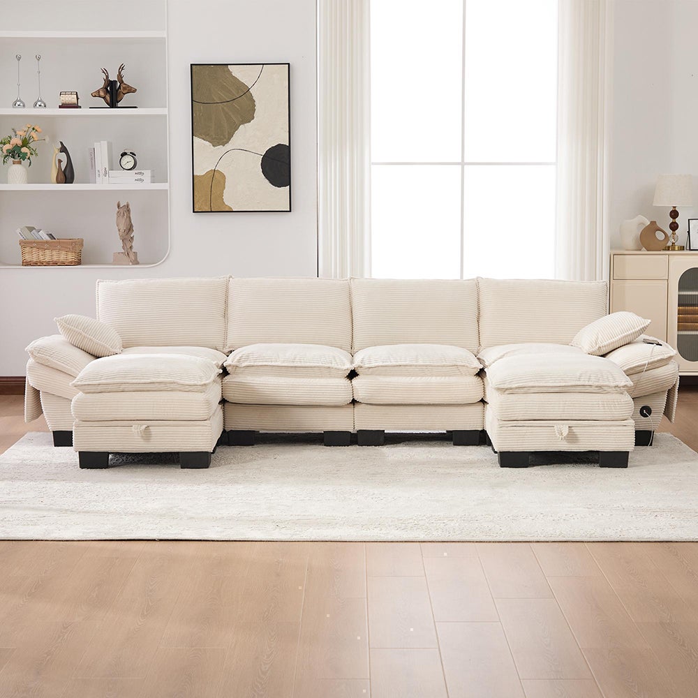 4-osobowa sofa z aksamitu w prążki, z dwoma podnóżkami, pianką o wysokiej gęstości, portem USB-C i kieszeniami bocznymi, beżowa