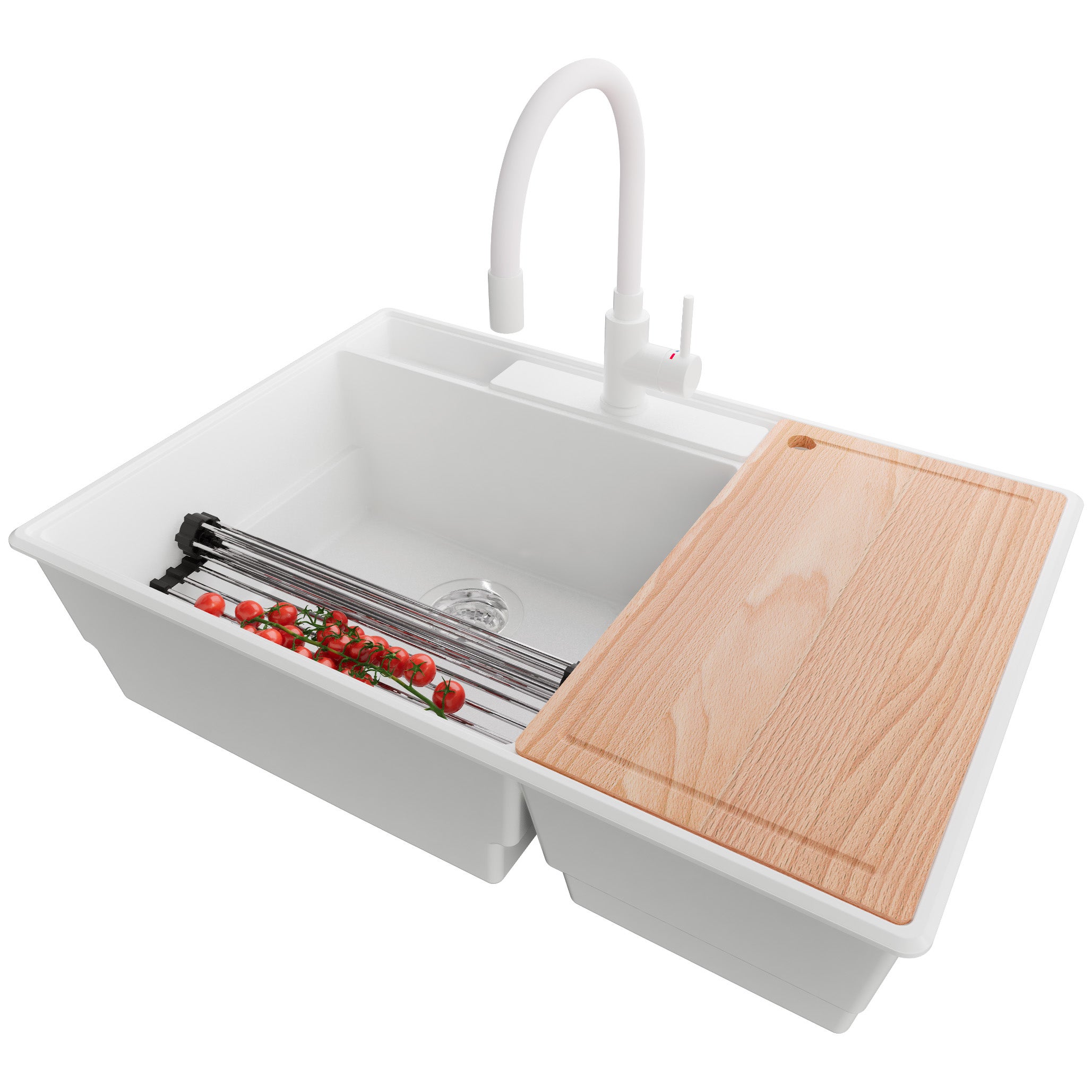 Zlewozmywak Granitowy Biały 78x53cm, Zlew Kuchenny 2 Komorowy + Bateria 38x14cm + Syfon + Akcesoria, Nablatowy do szafki od 80cm - Paryż PRIMAGRAN