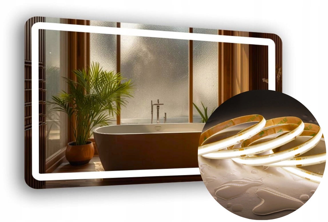 Lustro Led Zaokrąglone Rogi 100X60Cm Podświetlane Piaskowane + Cob 480 Diod