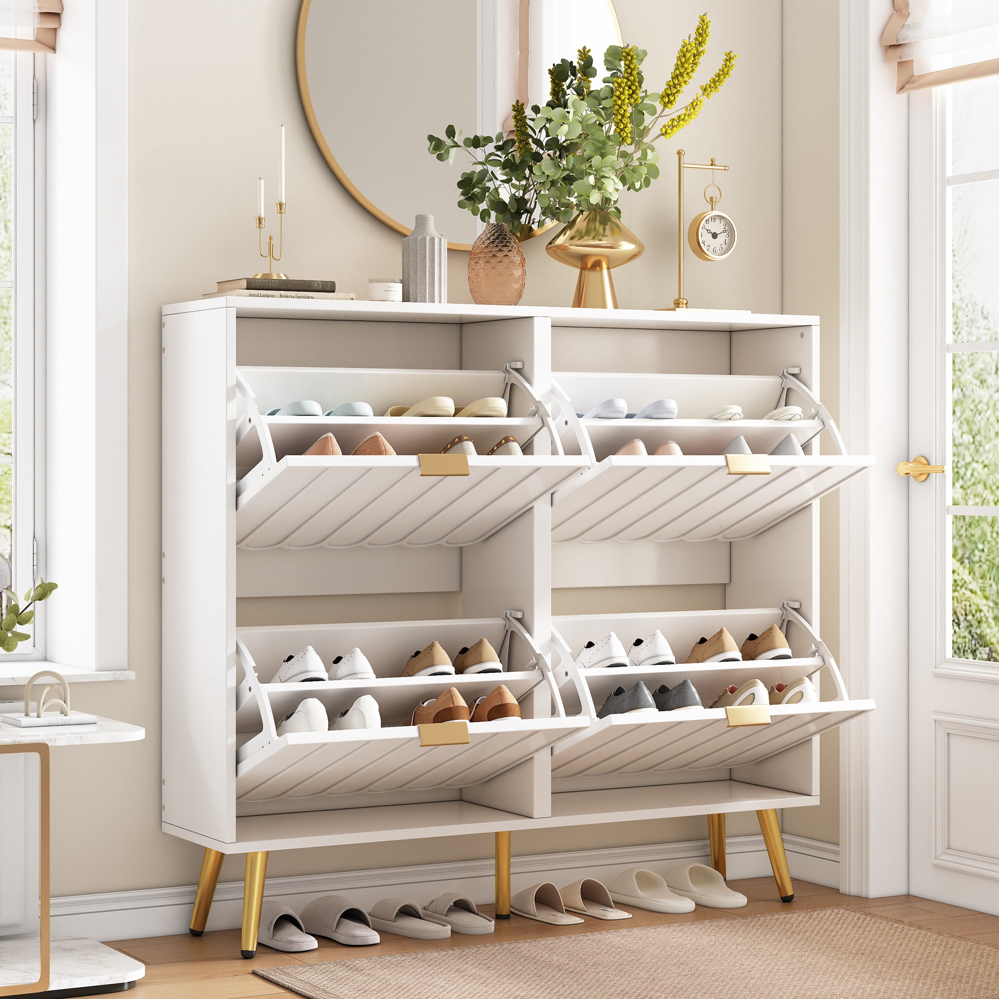 Wąska szafka na buty z 4 drzwiami opuszczanymi - 100 x 24 x 91,5 cm - Płyta wiórowa + MDF - Kolor biały