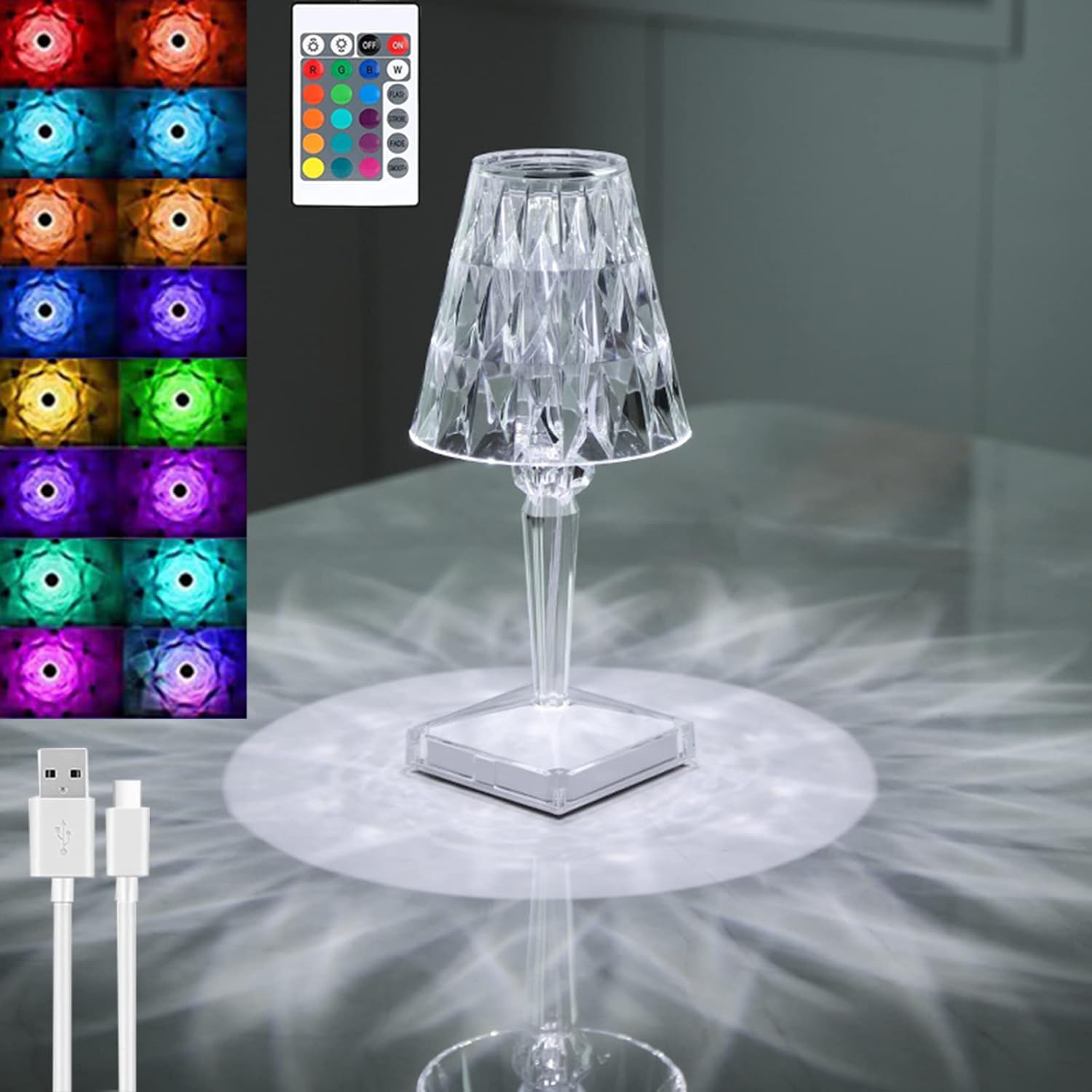 Kryształowa lampa stołowa Diamond, lampka nocna do sypialni z możliwością ładowania przez USB, regulowana temperatura/jasność, typ dotykowy