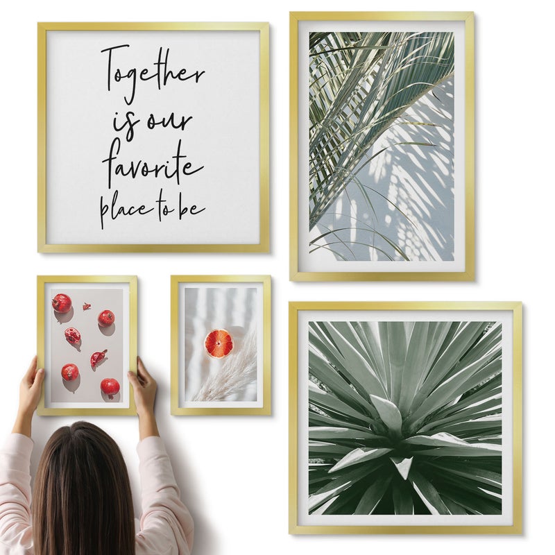 Galeria ścienna 5-częściowy komplet obrazów w złotych ramach - Styl boho z roślinnymi motywami i owocami tropikalnymi - ArtPrintCave