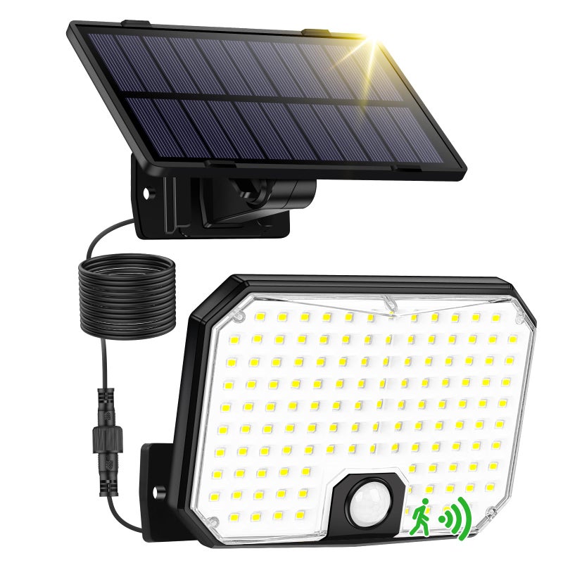 Zewnętrzna lampa słoneczna, kinkiet z czujnikiem ruchu, zewnętrzna lampa bezpieczeństwa LED zasilana energią słoneczną, 3 tryby, z kablem 5 m