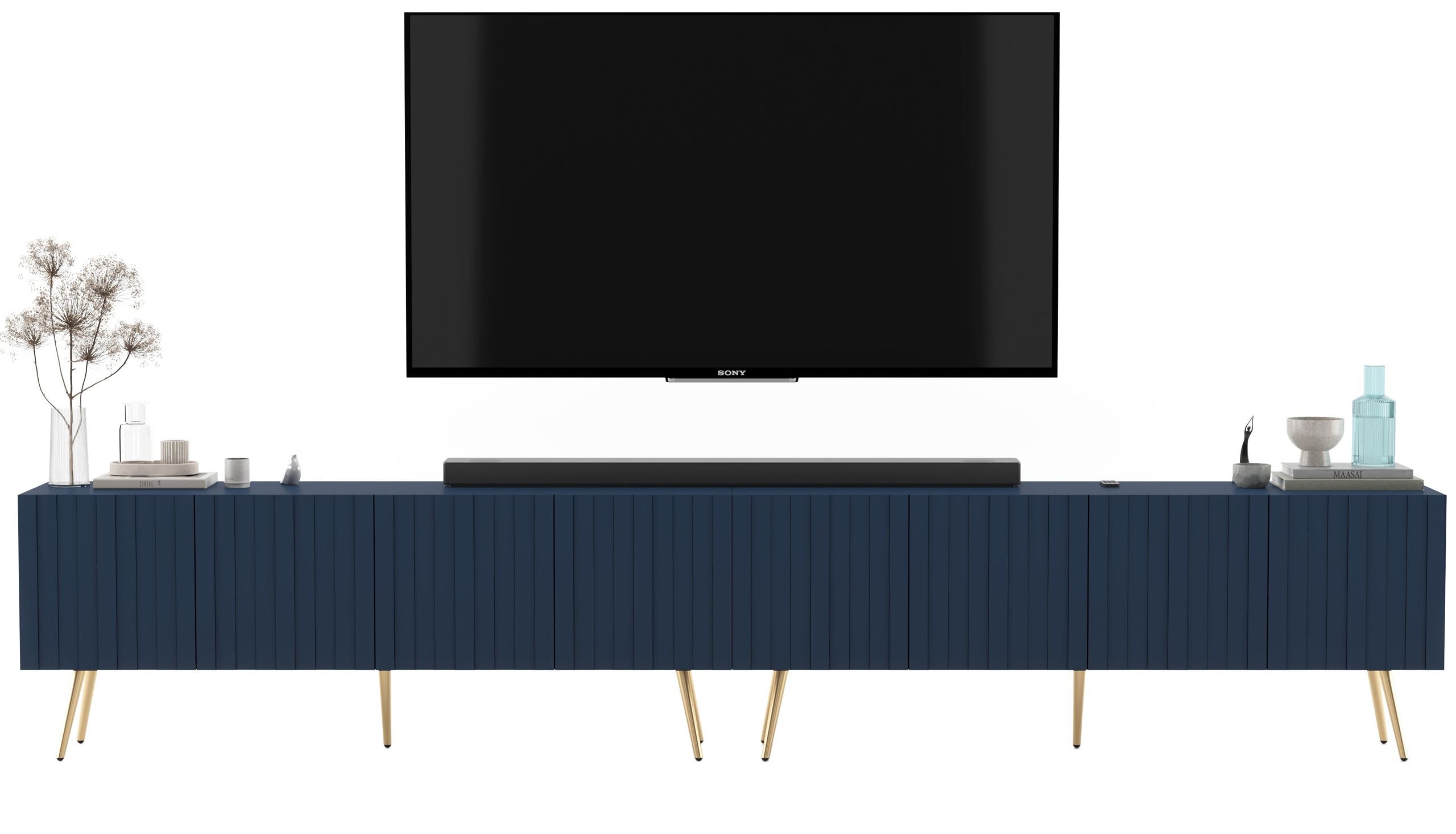 Szafka RTV Glamour 300 cm granatowy mat, komoda loft z metalowymi nogami do salonu
