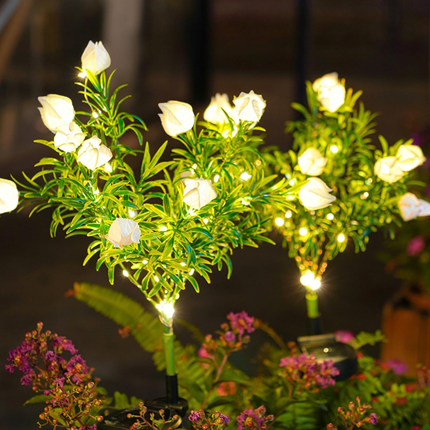 Zewnętrzne lampy solarne do ogrodu, 2-częściowe lampy solarne do kwiatów ogrodowych z motywem gardenii, wodoodporne lampy solarne LED IP65, dekoracja