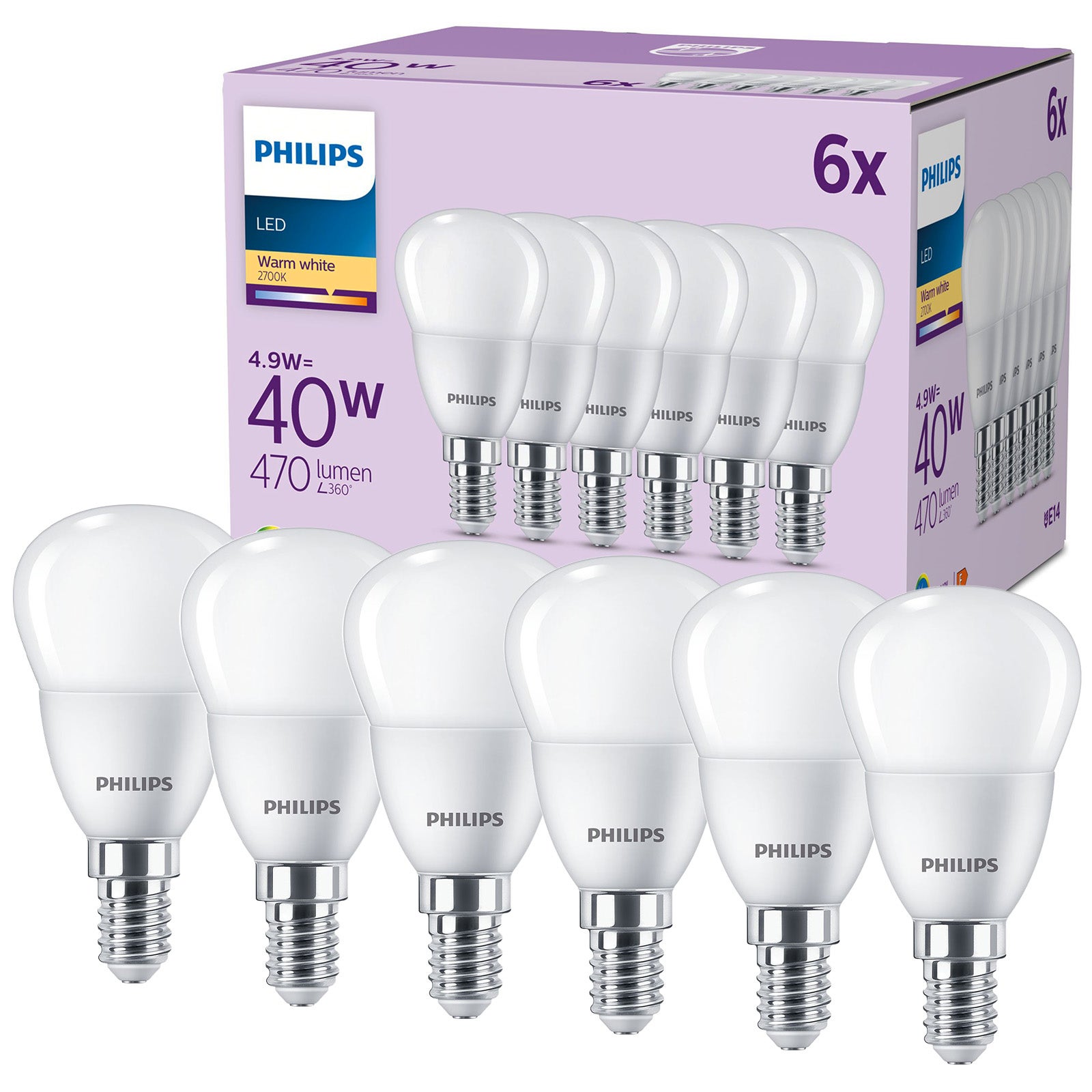 Żarówka LED E14 Kulka P45 4.9 W = 40 W 470 lm 2700K Ciepła biel EC Multipack Philips 6 szt.