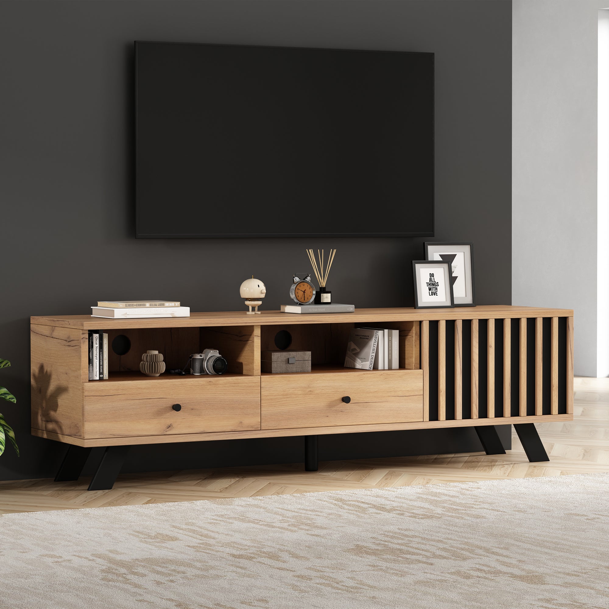 Stojak pod TV 150x38x44 cm - 2 szuflady i 1 drzwi - 2 półotwarte przegrody - do telewizorów 60 cali - naturalny