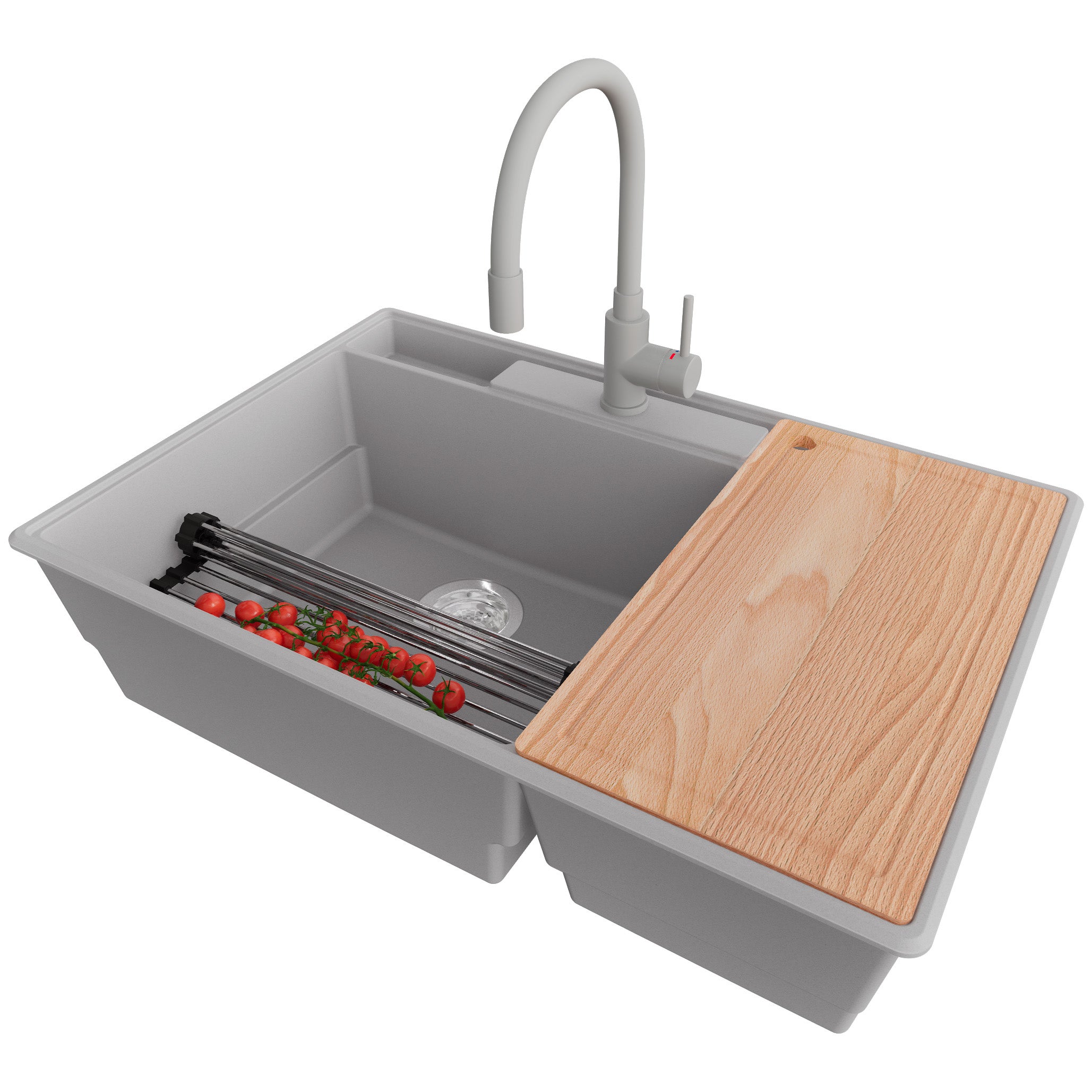 Zlewozmywak Granitowy Szary 78x53cm, Zlew Kuchenny 2 Komorowy + Bateria 38x14cm + Syfon + Akcesoria, Nablatowy do szafki od 80cm - Paryż PRIMAGRAN