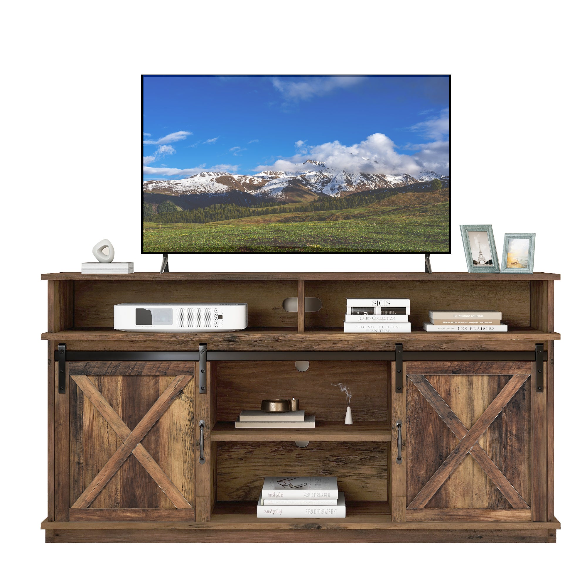 Szafka TV z przesuwanymi drzwiami - Rustic Brown - 148x40x78 cm - Regały regulowane wysokościowo