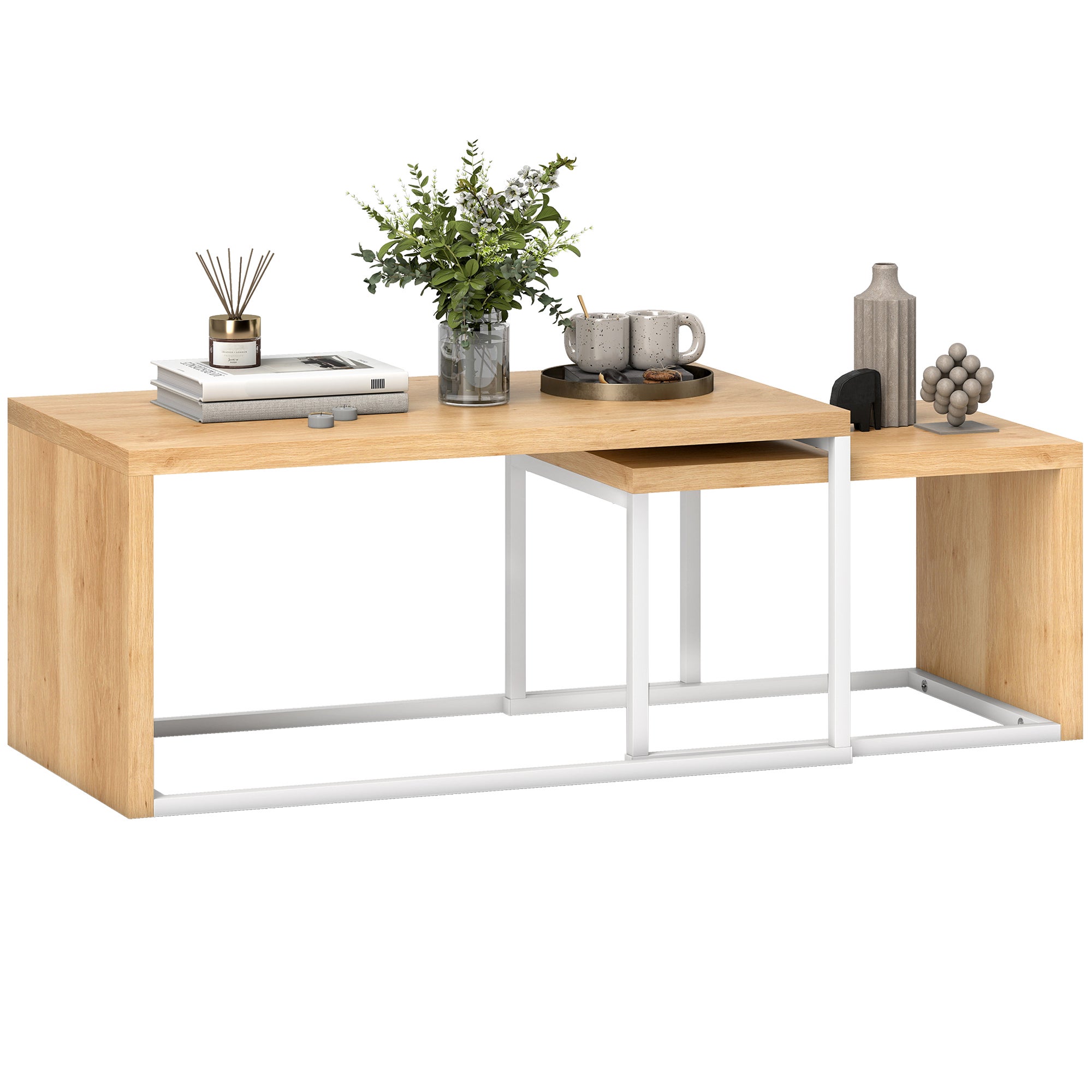 Zestaw 2 stolików kawowych, nowoczesny stolik wsuwany, metalowa rama do salonu, 90x48x42 cm i 59x42x36 cm, naturalny i biały