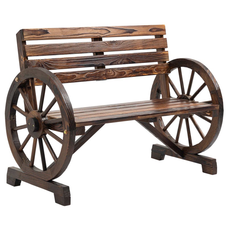 Ławka ogrodowa drewniana 2-osobowa z podłokietnikami w kształcie koła, styl rustykalny, twarde drewno, 105,5x56x79 cm, brąz