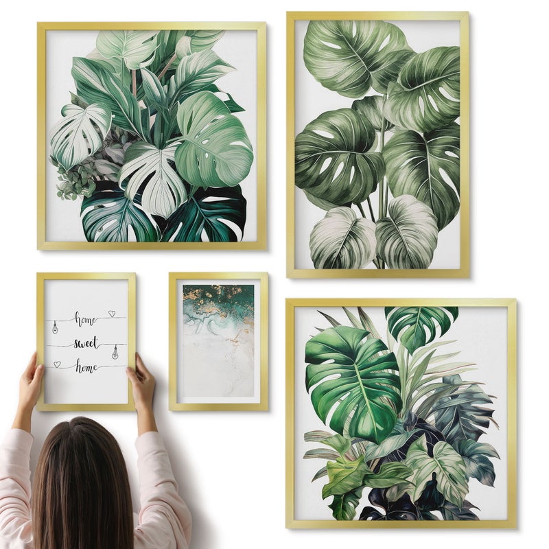 Galeria ścienna 5-częściowy komplet obrazów w złotych ramach - Roślinne inspiracje w stylu nowoczesnym i minimalistycznym - ArtPrintCave