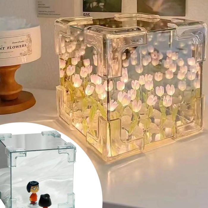 Lampka nocna z tulipanami DIY, ręcznie robiona lampa nocna z lustrem w kształcie kwiatu tulipana (różowa, 30 kwiatów tulipanów)