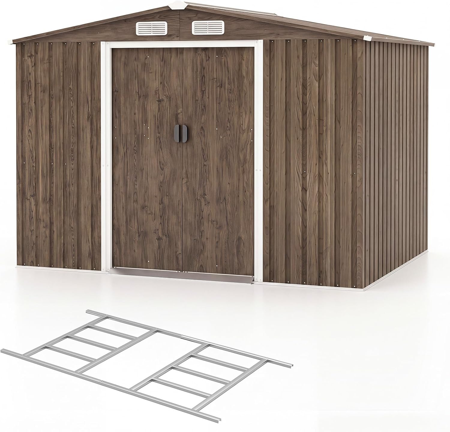 Domek ogrodowy ze stali ocynkowanej 4,47 m², 259x196x184 cm, fundament, drzwi przesuwne, 4 otwory wentylacyjne, rękawice, brązowy