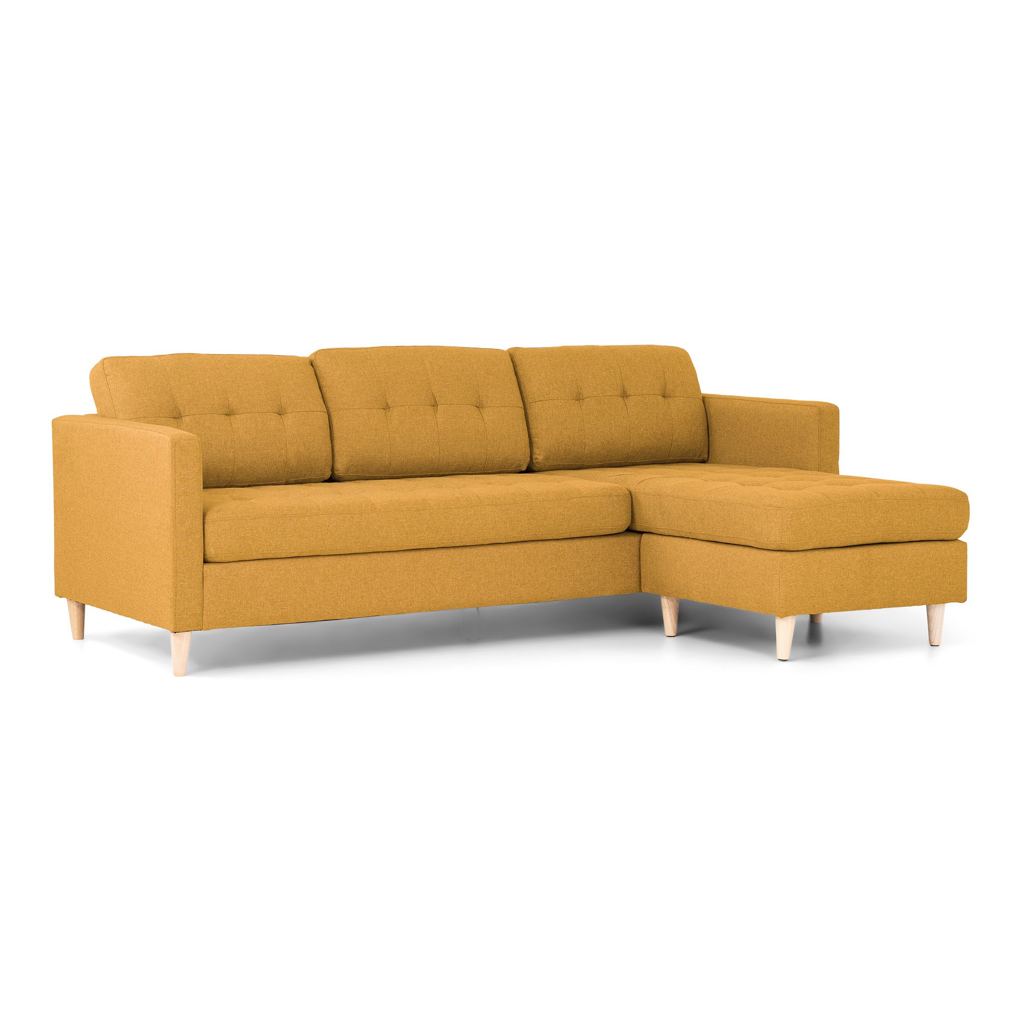 Marino sofa, szezląg prawy albo lewy tkanina z drewnianymi nogami żółty curry.