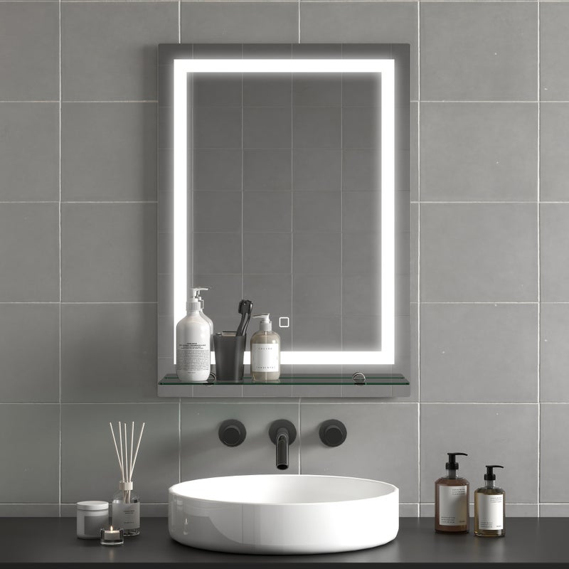 Lustro Łazienkowe LED 3 Kolory Regulowane z Półką Szklaną 50x70 cm Srebrne do Makijażu