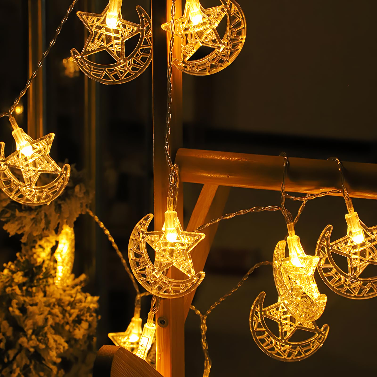 Dekoracje na Ramadan, girlanda świetlna z księżycem i gwiazdami 3 m 20 LED, zasilana przez USB i baterie, dekoracje na Ramadan