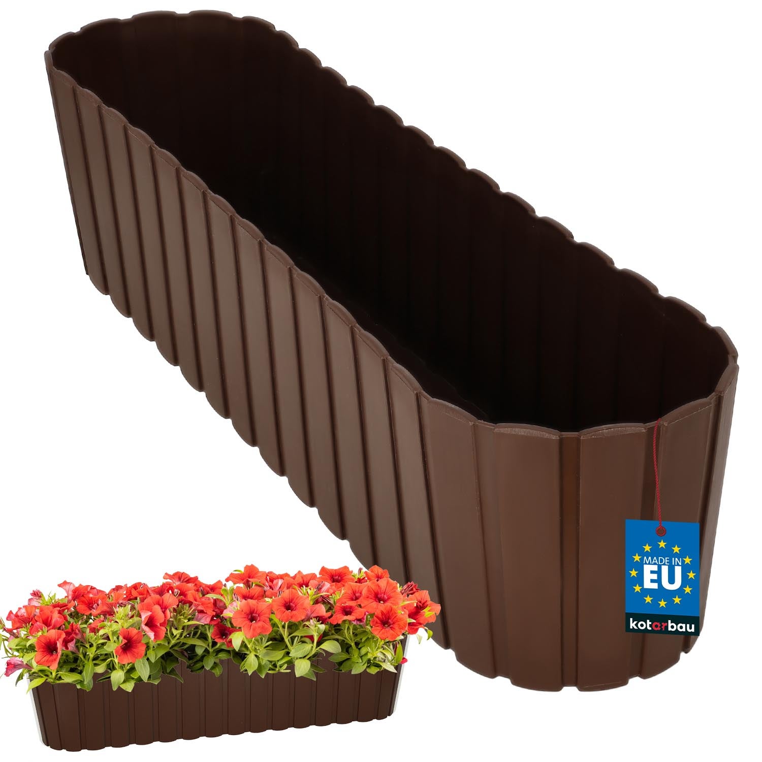 Doniczka Skrzynka Balkonowa - 60 x 14 x 13 cm - Skrzynia Plastikowa na Kwiatki - Donica Owalna na Balkon - Rustykalna - Brąz KOTARBAU