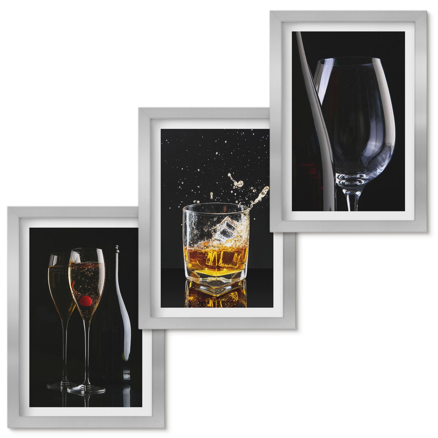 Zestaw obrazów w ramie - 3 części | Kieliszki z winem i whisky na czarnym tle | Srebrna ramka