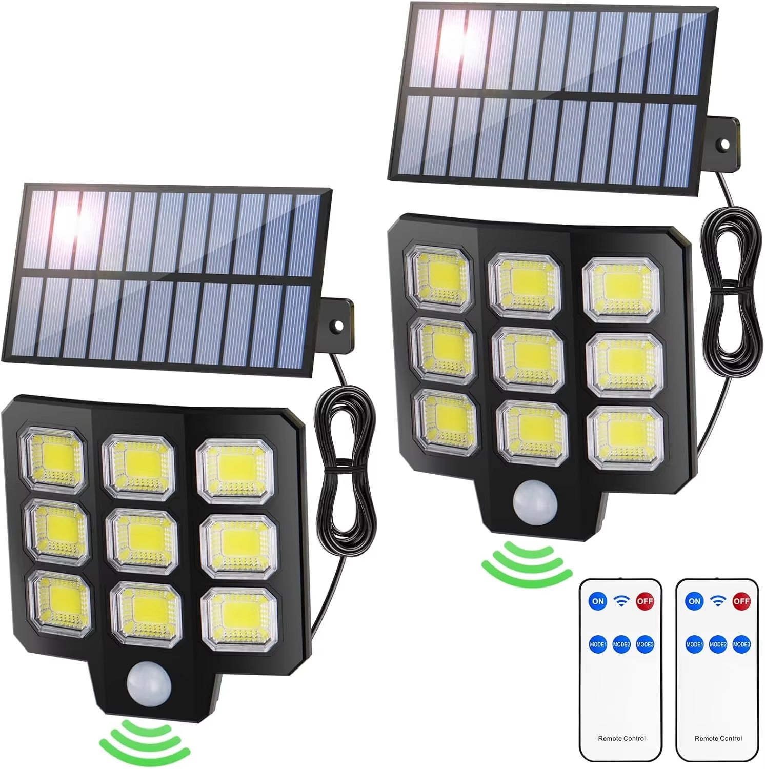 2 zewnętrzne lampy solarne z czujnikiem ruchu, 72 diody COB, 3 tryby oświetlenia z pilotem
