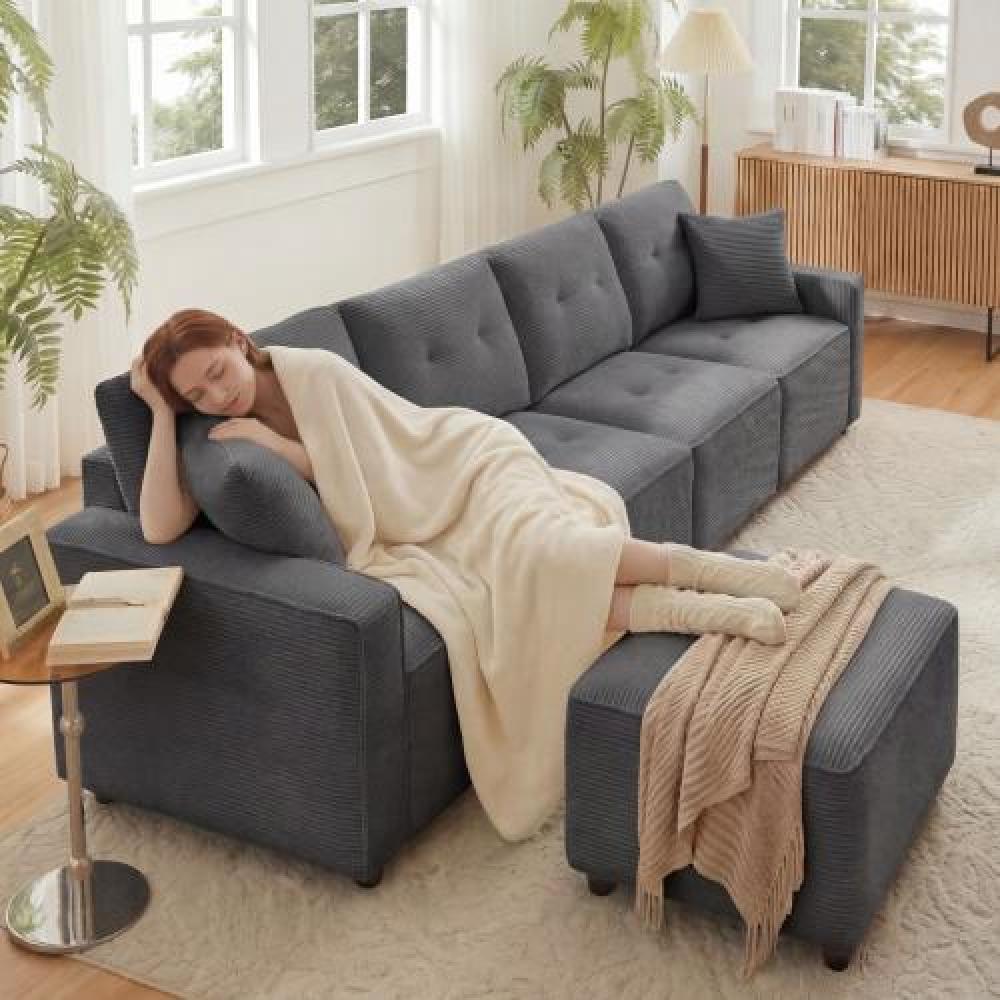 Sofa z kordu 4-osobowa z miejscem do przechowywania pod siedziskiem i modułowym pufem, 280x146x85 cm