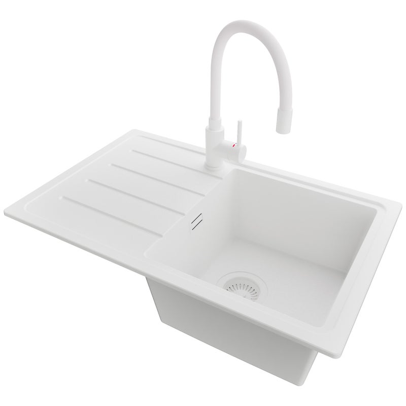 Zlewozmywak Granitowy Cały Biały 70x44cm, Zlew Kuchenny 1 Komorowy + Bateria 38x14cm + Syfon, Nablatowy do szafki od 45cm - Kopenhaga Easy PRIMAGRAN