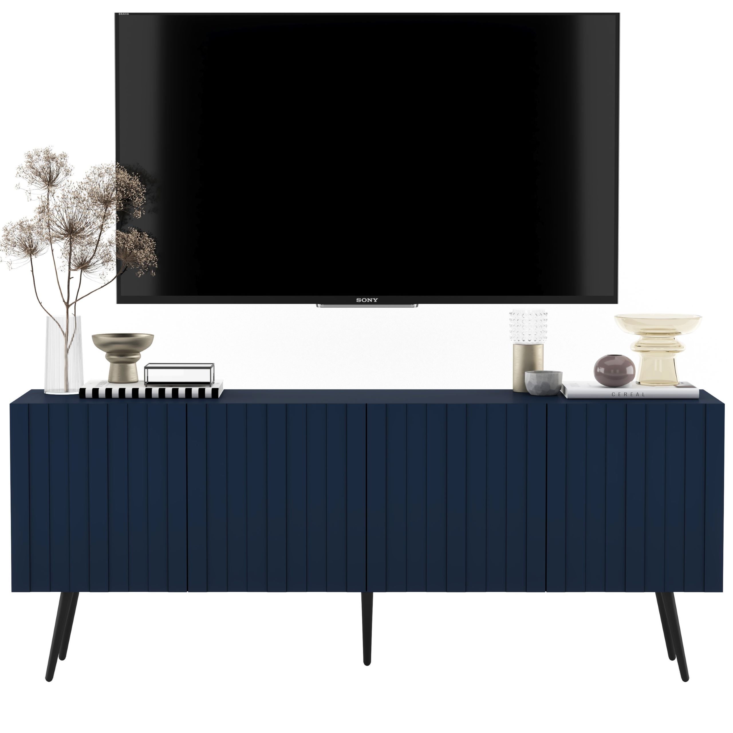 Komoda RTV Glamour granatowy mat, szafka RTV z czarnymi metalowymi nogami w stylu loft