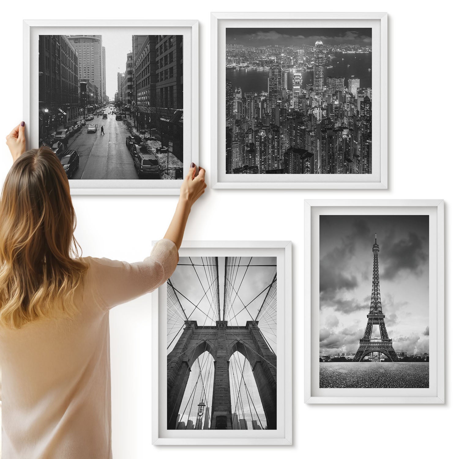 Galeria ścienna 4-częściowy komplet obrazów w białych ramach - Wieże i mosty w monochromatycznych odcieniach - ArtPrintCave