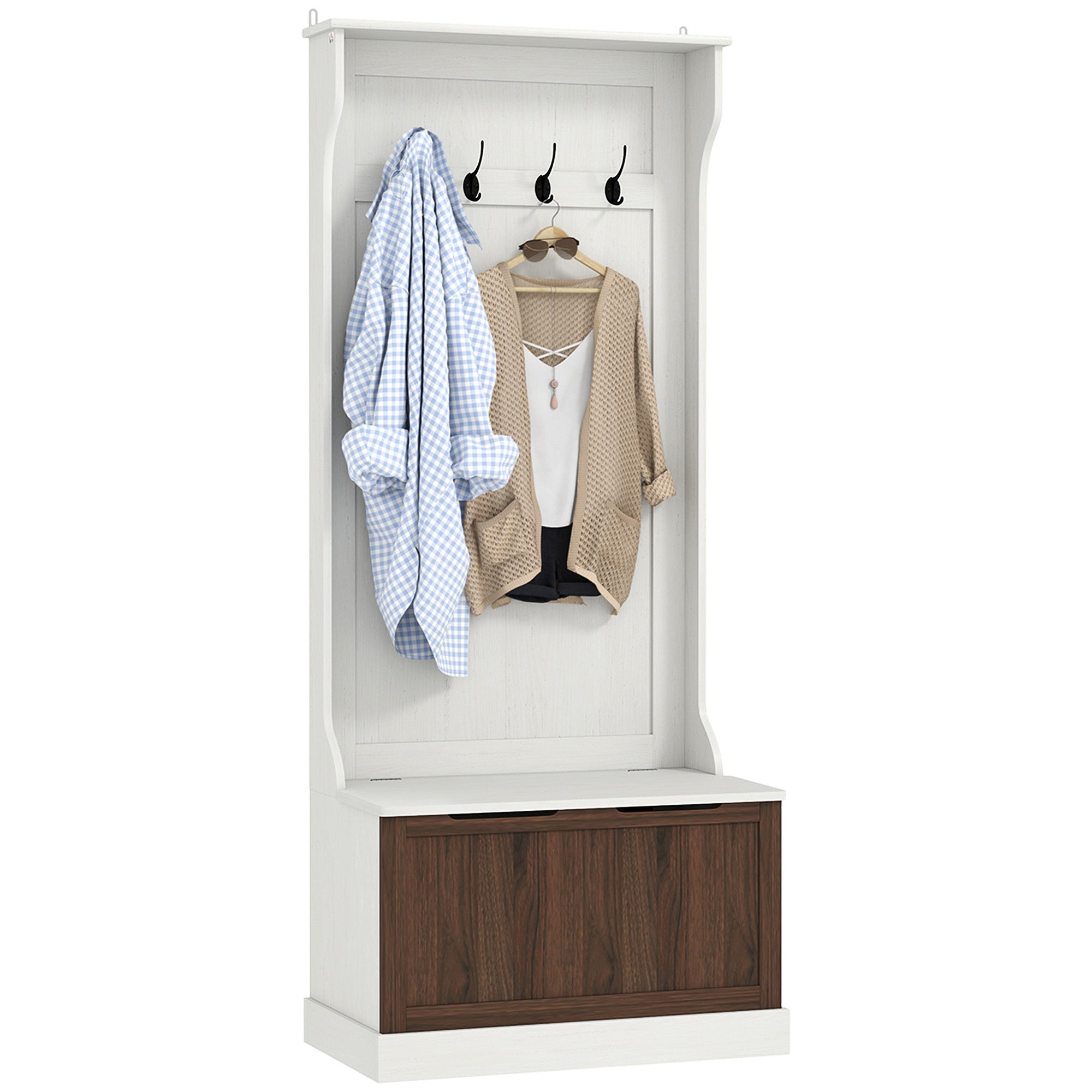 Wieszak 3w1 71,5x39,5x170 cm, biało-brązowy, z półką na buty, matą, 4 haczykami i tacką – z płyty MDF do przedpokoju.