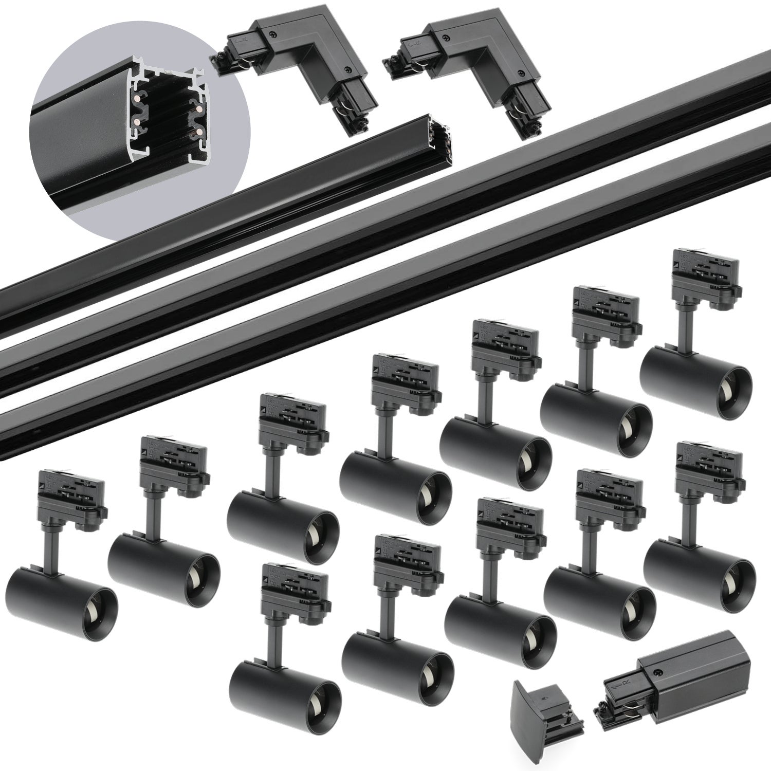 Zestaw szynowy 3 fazowy Kobi, szyna 1m+2m+2m, 12x Lamp, łącznik L czarny 1kpl.